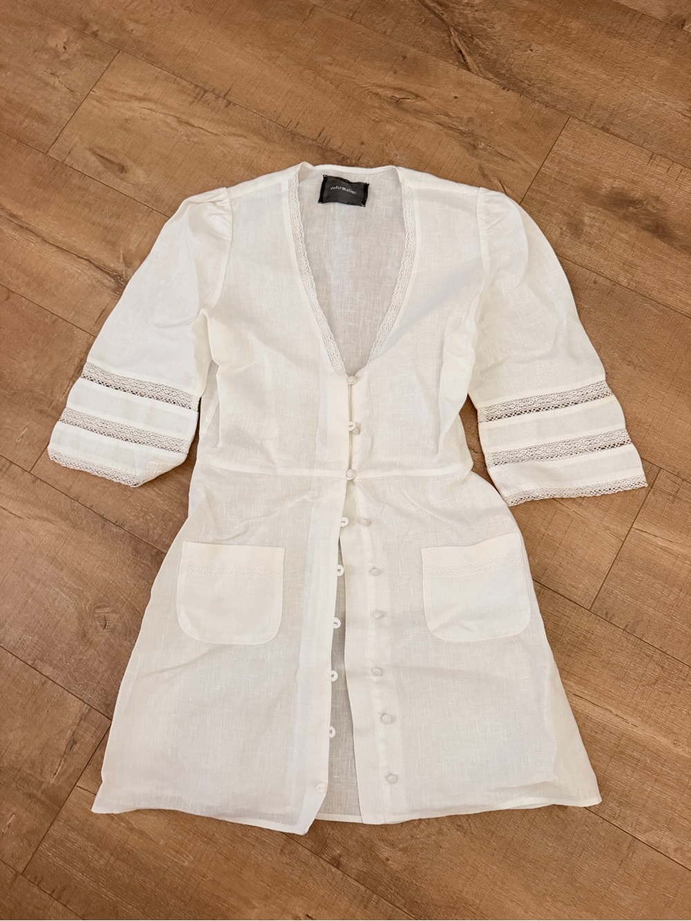 Reformation White Linen Mini Dress with Lace-Trim Sleeves